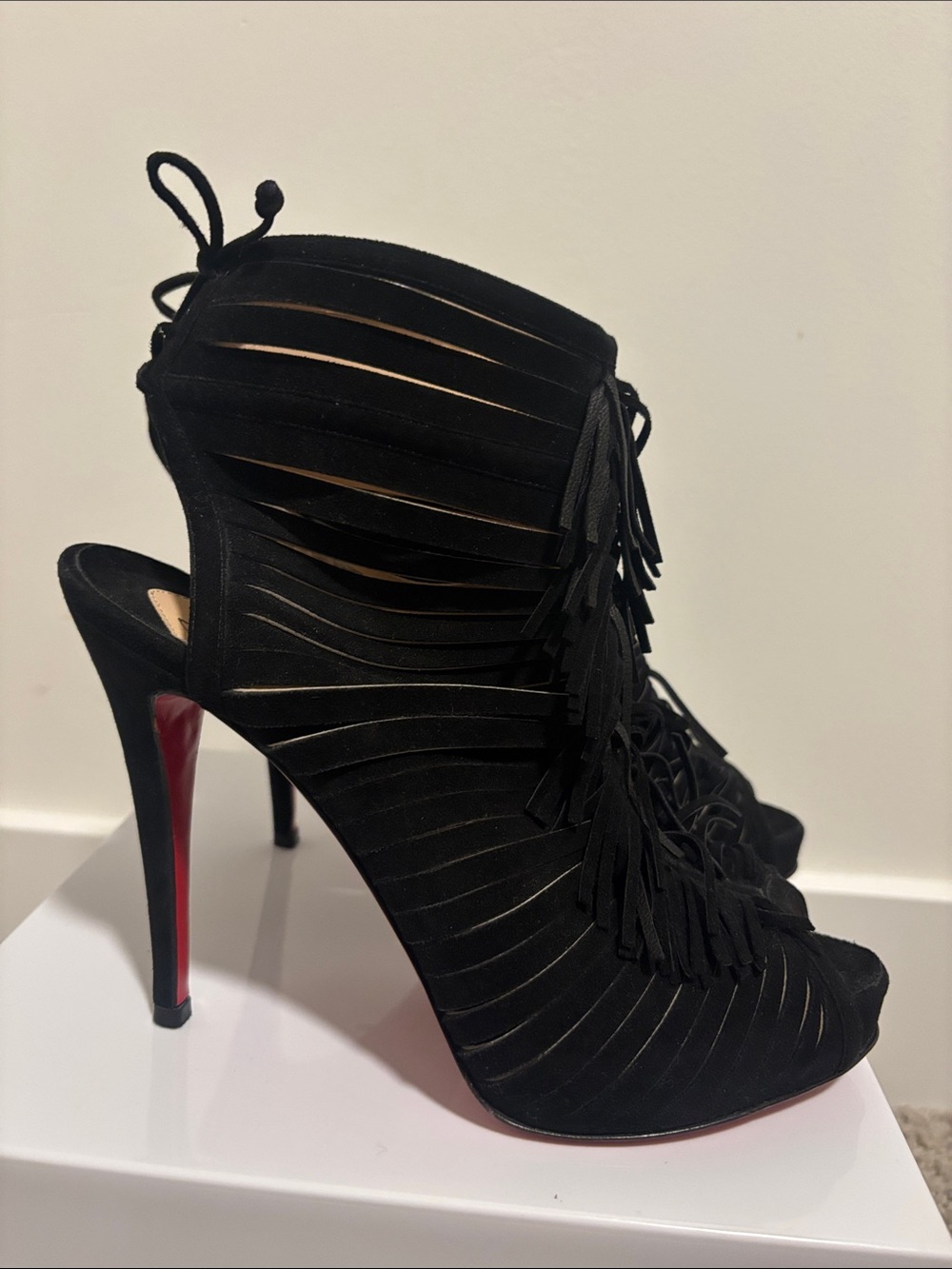 Christian Louboutin Black Suede Fringe Peep-Toe Stilettos - Picture 5 of 8